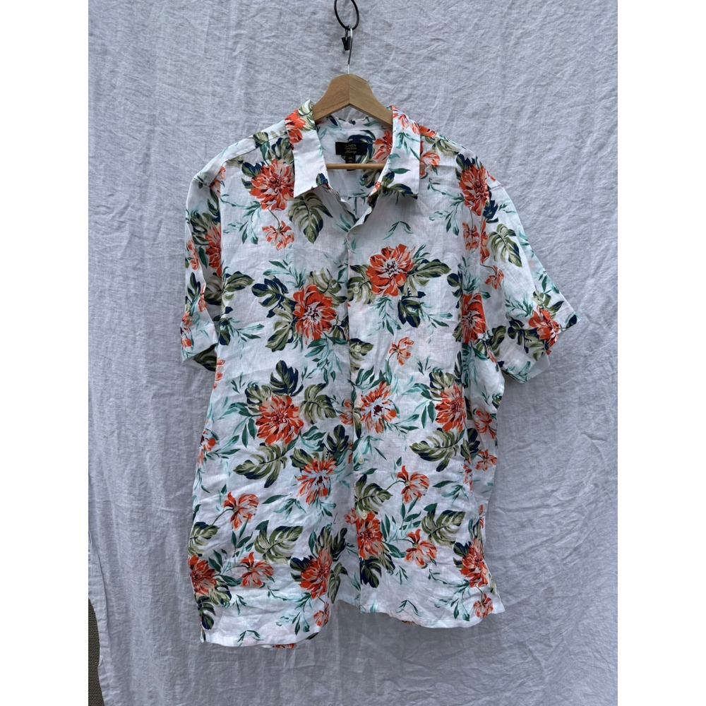 Club Room Linen Shirt Mens White Orange Floral Tropical Luxury XXL